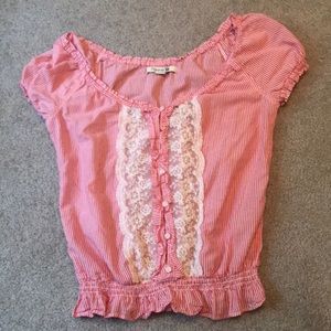 Striped button down blouse w lace